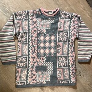 Vintage Rollneck Patterned Crewneck Sweater Hearts XOXO design Pink White Gray